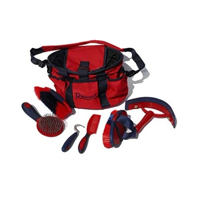 Imagen de Rhinegold Bolsa de Aseo roja con Kit, Juego Regalo Ecuestre 7 Piezas Que Incluye Todo Tipo Cepillo Pelo Caballo, Peine Curry y púa pezuñas una Multiusos para