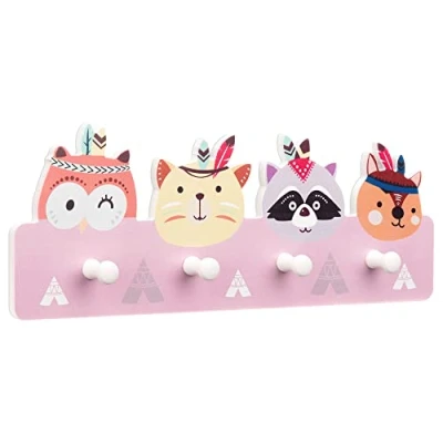 Imagen de Navaris Perchero de pared infantil Colgador blanco madera con 4x percha para colgar abrigos chaquetas Percheros infantiles animales y tipis