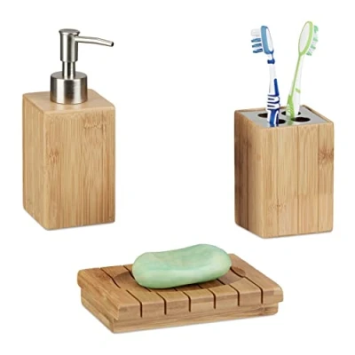 Imagen de Relaxdays Juego de Accesorios Baño Decorativo, Bambú Metal, Beige Blanco, 3 Unidades