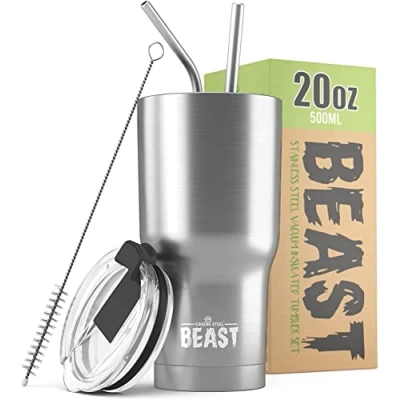 Imagen de BEAST Termo Café para Llevar 550ml I Plateada Taza Térmica de Acero Inoxidable Reusable Viajera Doble Pared al Vacío 2 Pajitas y Cepillo Limpieza