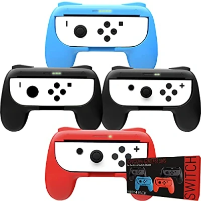 Imagen de Orzly Switch Mandos Grip Joy con (Party Pack de 4 Compatibles Super Smash Bros Ultimate para Nintendo Switch) Juegos Multijugador (1x Rojo, 1xAzul, 2X Negros)
