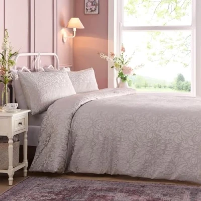 Imagen de Appletree Juego de Funda edredón Jacquard Rosa y Plateado, tamaño Super King (260 x 220 cm), Ropa Cama Tradicional Damasco Plateado Rubor, Beige Rosa,