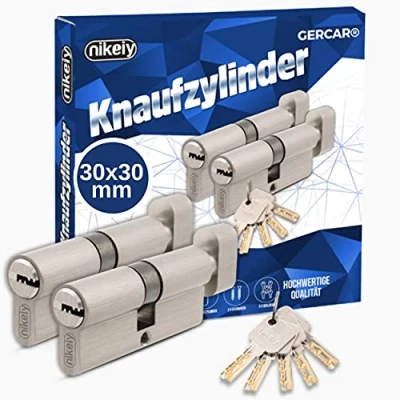 Imagen de GERCAR Juego de 2 cilindros cilíndricos 60 mm con pomo 30/30 Latón Macizo Incluye 10 llaves Llave reversible Longitud: mm, A: 30 x