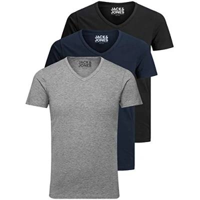 Imagen de Jack and Jones Camiseta básica para hombre, cuello en V, 3 unidades, Color liso, corte ajustado, blanco, negro, azul, gris, Mix 3, XXL