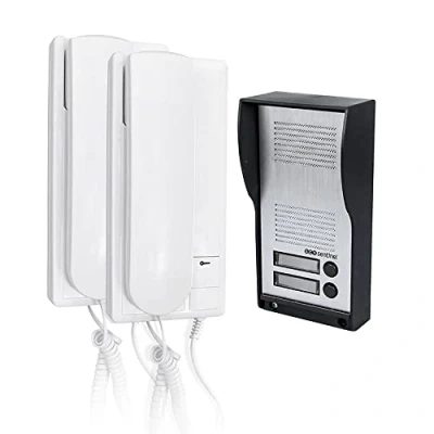 Imagen de SCS Sentinel PAF0007 Intercomunicador de audio con cable conexión 2 auriculares interiores, 1 placa calle exterior, adaptadores corriente AudioKit Duo