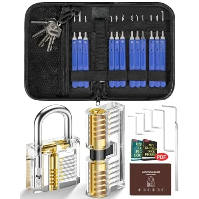 Imagen de IPSXP Juego de Ganzúas 25 Piezas con 2 Cerraduras Transparente Capacitación en Bolsa Cuero Portátil, Lock Pick Set Extracción para Principiantes y Cerrajeros Profesionales