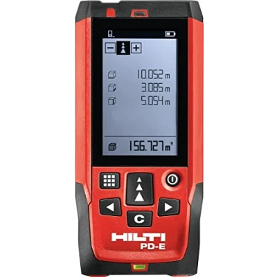 Imagen de Hilti 2062050 Medidor láser de Distancia PD E (hasta 200m, con Mirilla integrada, para medición única y Continua Nivel Burbuja Digital Pantalla Exterior, Memoria 30 mediciones. Funda)