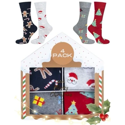 Imagen de soxo Navidad Calcetines Mujer Algodon Regalos Originales Para Hombre Divertido 40 45 4 Pares Caja Navideña 2