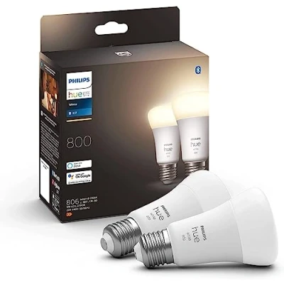 Imagen de Philips Hue Bombilla LED Inteligente, A60 E27, Luz Blanca cálida regulable, 9W (Eq. 60W) 800 lúmens, Compatible con Alexa y Google Home Pack de 2 Bombillas inteligentes