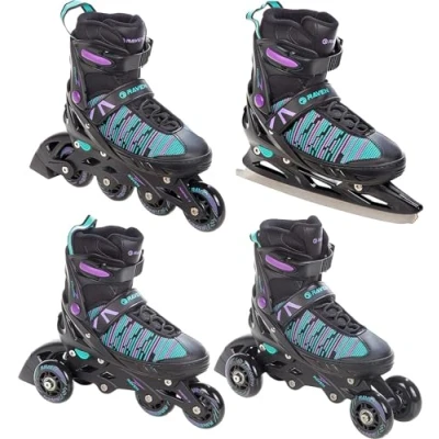Imagen de Raven Cande 4 en 1 Patines línea/Triskate/Patines de Hielo Ajustables (Negro/Menta/Violeta, 31 35 (20,5 cm 23 cm)