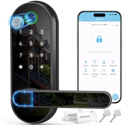 Imagen de cerradura inteligente digital con huella dactilar de entrada sin llave: electrónica código contraseña, perilla puerta eléctrica, manija biométrica (negro)