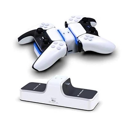 Imagen de Lioncast Cargador de Mandos PS5 Base Carga Doble Compatible con DualSense la Consola Playstation 5 Sony Luces LED Rojo y Azul, Puerto USB Adicional para Accesorios Juegos