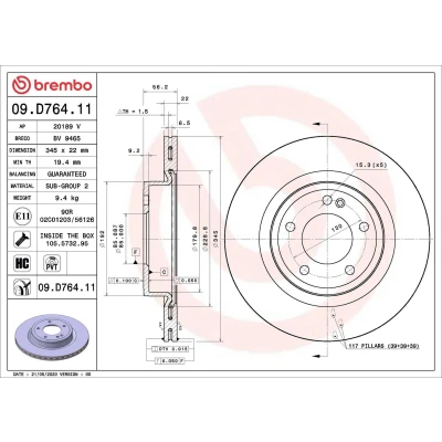 Imagen de BREMBO 09.D764.11 Disco de freno 345 22 5 ventilación interna revestido altamente carbonizado con tornillos