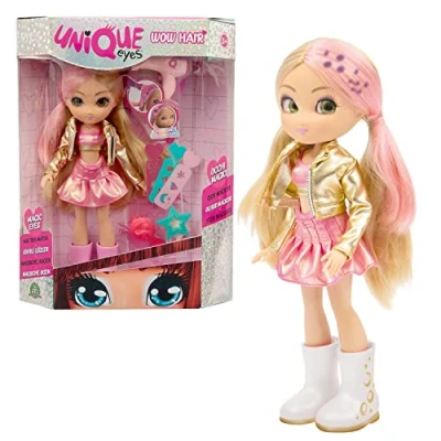 Imagen de UNIQUE EYES Amy Wow Hair, muñeca Que te Sigue con los Ojos, 1 secador mágico Cambia su Pelo de Color, Looks Gomas y Peine para Hacer Peinados, 3 Plantillas Formas, Famosa (MYM08200)