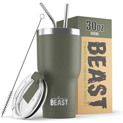 Imagen de Greens Steel BEAST Termo Café para Llevar 900ml I Verde Militar Taza Térmica de Acero Inoxidable Reusable Viajera Doble Pared al Vacío 2 Pajitas y Cepillo Limpieza