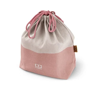 Imagen de monbento Bolsa Almuerzo para Bento Box MB Pochette L Natural Porta Alimentos Fiambrera Poliéster Algodón Ideal una Lunch Square + Botella Rosa Crema