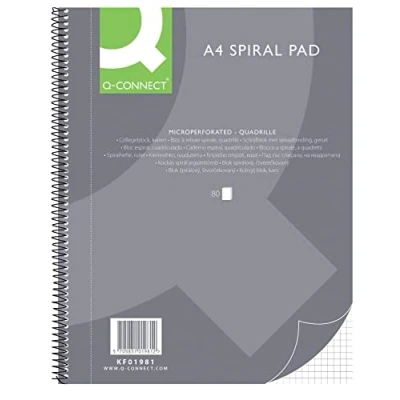 Imagen de Q Connect cuaderno espiral A4, cuadriculado, 80 hojas, 160 páginas, en espiral, bloc de notas con escolares,