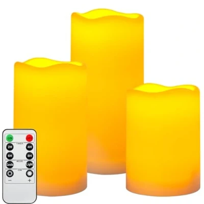 Imagen de Da by velas sin llama que funcionan con pilas, LED impermeables para exteriores, falsas de plástico temporizadores remotos, juego 3 (marfil)