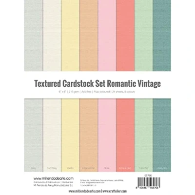 Imagen de Craftelier Cardstock Set Textura Romantic Vintage Pack de 24 Cartulinas Doble Cara para Proyectos Tarjetería, Scrapbooking y Manualidades Gramaje 216 gr Tamaño 15,24 x 20,32 cm (6&quot; 8&quot;)