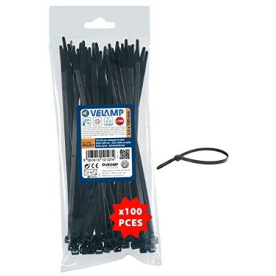 Imagen de Velamp MG201 Kit de 100 Bridas Abrazadera para Cables 2.5 x mm, Nylon 6.6, hiperresistente, Negro, unidades (paquete 1)