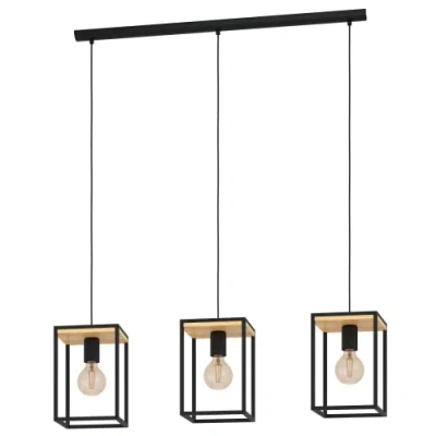 Imagen de Eglo lámpara colgante Libertad, luminaria suspendida de 3 luces mesa comedor, iluminador suspensión metal en negro y madera natural, candil E27
