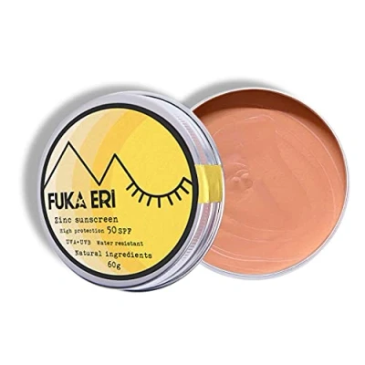 Imagen de FUKA ERI protector solar con zinc no nano. Ingredientes minerales y naturales. Crema color, 50 SPF. Waterproof/Vegana. UVA/UVB. Cara zonas sensibles. Sin plástico. 60g