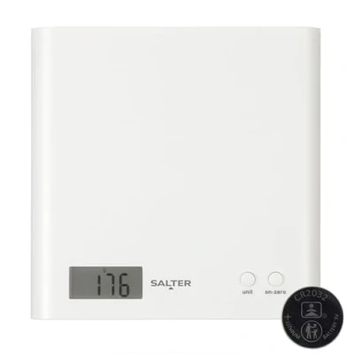 Imagen de Salter 1066 WHDR15 Báscula De Cocina Digital, Pantalla LCD, Diseño Fino, Función ‘Añadir Y Pesar’, Fácil Limpiar, Medir Alimentos Para Hornear Cocinar, Capacidad 3 kg, Plástico, Blanco