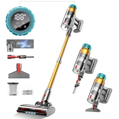 Imagen de EUARY 50KPa/500W Aspiradora Sin Cable, Fregadora Cable Potente hasta 55Mins, con Carga de Pared Smart Screen, Cepillo Antienredos Alfombra Pelo Mascota Suelo Sofá