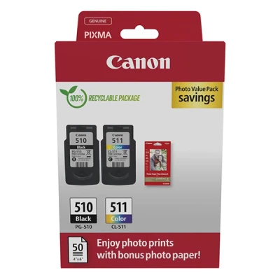 Imagen de Cartucho de tinta Canon PG 510/CL 511, 2970B017AA, 300 páginas, Incluye 50 Hojas Papel Fotográfico, Negro, Color