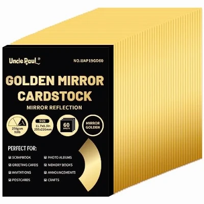 Imagen de cartulina con efecto espejo dorado A4, 60 hojas, 250 g/m²/92 lb, papel reflectante metálico para manualidades, laminada proyectos de bricolaje UAP19GD60