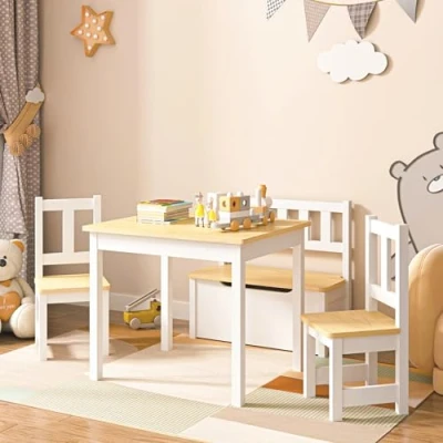 Imagen de [en.casa] Juego de Mesa para Niños con 2 Sillas y 1 Banco Set Asientos Infantiles Espacio Almacenamiento Pino MDF 50 x 60 48 cm Natural/Blanco