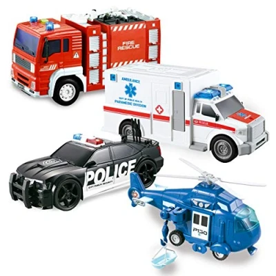 Imagen de JOYIN Juego de 4 héroes urbanos impulsados por fricción Que Incluye camión Bomberos, Ambulancia, Coche policía y helicóptero, vehículos Emergencia con luz Sonido