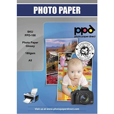 Imagen de PPD Inkjet A5 (148 x 210 mm) 50 Hojas de Papel Fotográfico Brillante 180 g/m² Secado Instantáneo Para Impresoras Inyección Tinta 100