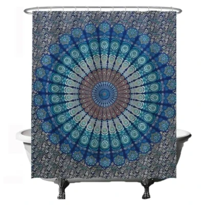 Imagen de Ulticool Cortina de Ducha con diseño Mandala Azul 180 x 200 cm Lavable Resistente al Agua Antimoho 12 Anillas Blanco Semi Transparente