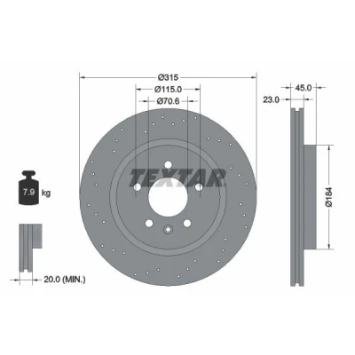 Imagen de TEXTAR PRO 92290003 Disco de freno 315 23 05/06 115 perforado, ventilación interna revestido sin perno sujeción rueda, buje rueda