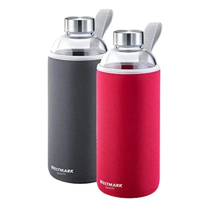 Imagen de Westmark Set de botellas, 2 botellas con estampado para bebidas, incl. 1 funda protectora cada una, 1000 ml, Vidrio/Silicona/Goma, Sin BPA, Viva, Rojo/Antracita/Plateado/Transparente, 527422E8