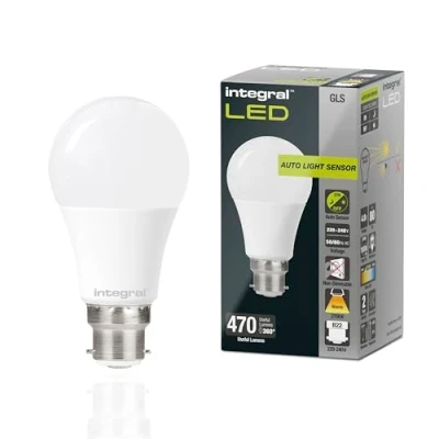 Imagen de Integral LED 2 PK GLS B22 bombilla sensor crepuscular mate no regulable Blanco cálido 2700K, 470lm, 4.8W (40W equivalente) Eficiente e ideal para exterior, porche, garaje, jardín, patio