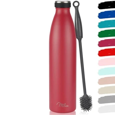 Imagen de Milu botella térmica de acero inoxidable 350 ml, 500 750 1 L, 1,5 a prueba fugas, doble pared, carbonatada, incluye cepillo limpieza (rojo, L)