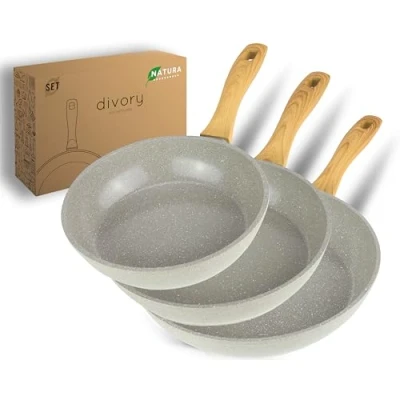 Imagen de Juego de cacerolas cerámica DIVORY 20, 24, 28 cm para placas inducción, sin PFAS ni PTFE, cacerola revestida apta horno y lavavajillas (Natura, cm)