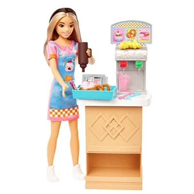 Imagen de Barbie Skipper Primeros trabajos Asistente de snack bar Muñeca con set juego y accesorios comida, juguete +3 años (Mattel HKD79)