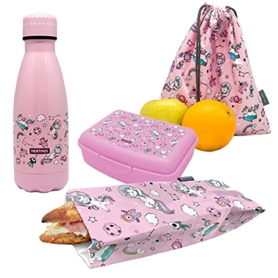 Imagen de NERTHUS FIH 1026 SET Botella Doble Pared Acero Inox + Lunchbox Bolsa Bocadillo Mochila Unicornios