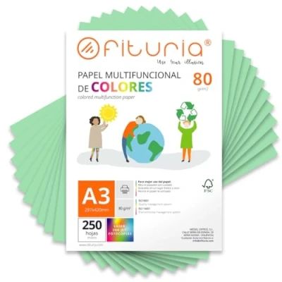 Imagen de Folios de Colores, Pack 250 Hojas A3 80gr Papel Colores para Manualidades, Impresora, Scrapbooking Ideal Origami, Papiroflexia, Oficina y Escuela (Verde Claro, 250h)