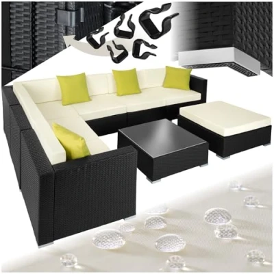 Imagen de TecTake® Conjunto Jardín de Ratán y Aluminio con Cojines (+4 Adicionales), Terraza Resistente a la Intemperie Combinable, Muebles Exterior 6 Sillones, 1 Puf, Mesa Cristal Negro