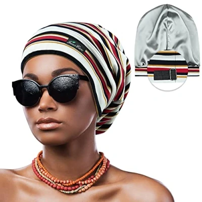 Imagen de FocusCare ADJUST 10 Gorro de dormir ajustable con forro satén para rastas, pelo rizado, Talla L, única Rayas D ]