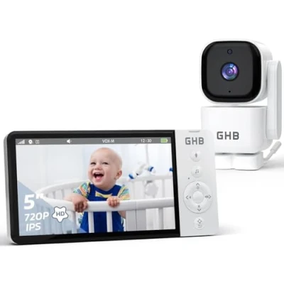 Imagen de GHB Camara Vigilancia Bebe 5&quot; 720P HD IPS Rotación de 350, Batería 5000mAh Vigilabebes con Visión Nocturna Comunicación Bidireccional Escucha Bebes VOX 4xZoom
