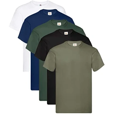 Imagen de Fruit of the Loom Camiseta original para hombre (5 unidades), 1weiss 1olive 1flasche 1schwarz 1navy + 1 Hl Kauf Notizblock, M