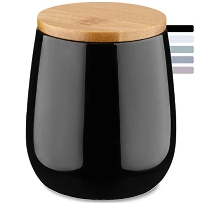 Imagen de KADAX bote cosmético hecho de cerámica con tapa bambú para almacenamiento discos algodón, universal cuarto baño, redondo (negro)