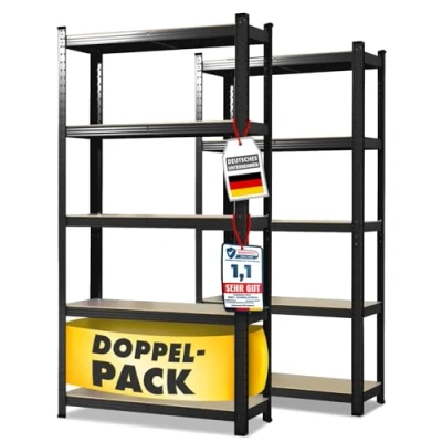 Imagen de Floordirekt Estantería para cargas pesadas, juego de 2 unidades, color negro, 180 x 90 40 cm, sin tornillos, sótano, almacenamiento, taller, banco trabajo, 5 estantes ajustables