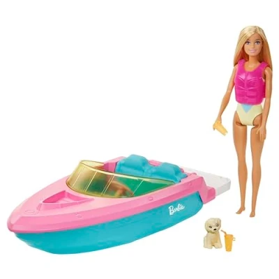 Imagen de Barbie con Barco, Muñeca bañador y Barco de Juguete para el Agua, Mascota Accesorios acuáticos (Mattel GRG30)