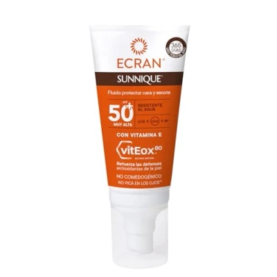 Imagen de Ecran Sunnique Fluido Protector Solar FPS 50 para Cuello y Escote, Protección UVB + UVA e IR A, Refuerza las Defensas, Protege la Piel, Hidratación 24 h, Fórmula con VitEox 80 ml
